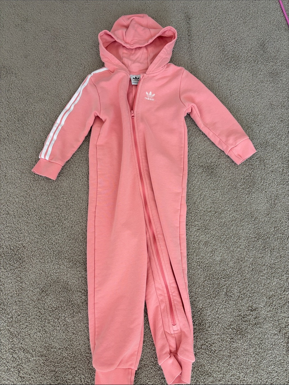 adidas Pink Hooded Kids One-Piece with White Stripe Detail